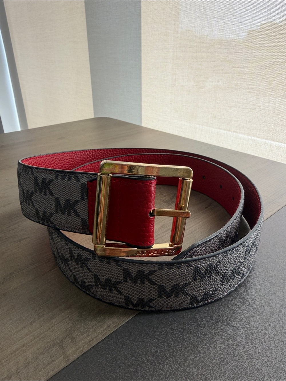 Michael Kors Reversible Logo Canvas and Red Leather Belt with Gold Buckle